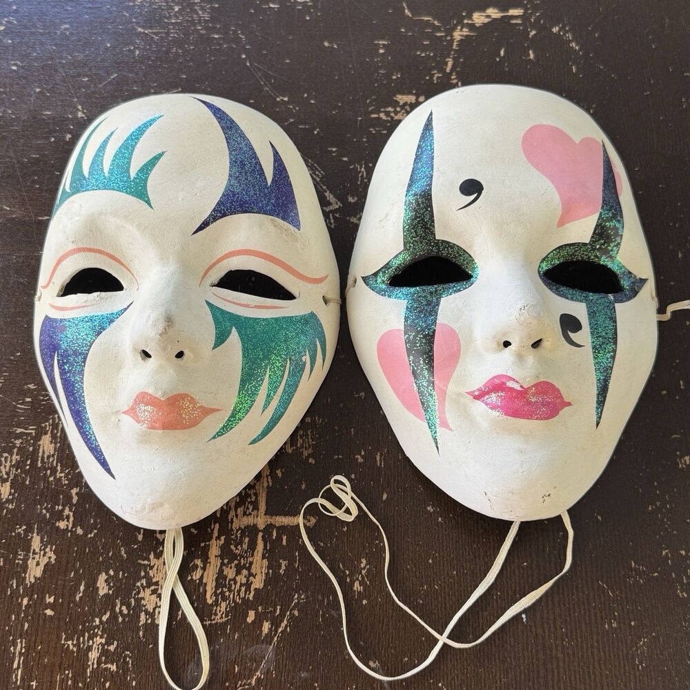 Mardi Gras Paper Mache Masks Set Of 2 Wall Hanging Hand Painted Glitter Accents